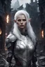 Placeholder: elf woman with white hair wearing armour, beautiful woman, 4k, high quality, art style, standing in dark ruined city
