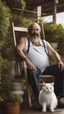 Placeholder: half figure photography of a turkish bearded dock worker 50 years old, with a little cute white cat sleeping, shirtless, white overalls, tattoo, burly chubby, muscular and strong, big shoulders, short curly hair, on the terrace full of plants, on the deckchair, under the sun, relaxing, photorealistic , frontal view from the ground