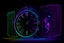 Placeholder: black background, outlines of a holographic clock and a calendar drawn from thin neon-coloured glowing lines