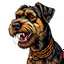 Placeholder: head of angry Airedale Terrier dog, facing viewers left, with blood shot eyes and bloodied teeth and bushy fur, an orange color chain collar around neck, vector