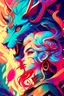 Placeholder: A dragon mixed with a mythical lion and a human female elf.Dramatic and powerful look and feel. Extensive attention to details. Bold lines. Vivid colors. 80s style retro anime art. Double exposure. cartoon style. cubism style