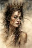 Placeholder: Hyper-photorealistic watercolor art style by Luis Royo & Carne Griffiths, Surreal fine art etching of a figure by Luis Royo, tanned skin inscribed with the transient story of mortality, ethereal light playing with its form whispering tales of an eternal realm, eyes, black as the depths of the night, ardently pinand looking towards the endless skies, a crown of black hair mirroring the mystery of the cosmos around, whole scene tinged with an ethereal softness from volumetric lighting, hues gr, My