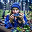 Placeholder: woman in the forest picking and eating blueberries and her mouth and hands are covered with blueberries, woman is stylish