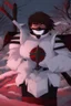 Placeholder: The character, in a striking white armour against a wintry backdrop stands with his arms behind his back inside the scene, he has a red and black circular symbol on his chest like a shield, a black pointed spear with a red handle on his back, His eyes are showing a dynamic expression and he wears a black oni with white sharp teeth on it covering the bottom part of his mouth he has brown shoulder pads and a white belt with a bag attached to it. He has dark brown hair, he does not wear a helmet.