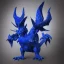 Placeholder: blue humanoid dragon . It has a white chest and jaw, with an V on its chest, with two lines coming out of the bottom of the V to make it look like an X. It has a yellow V on its head, three fingers on each hand, three toes on its feet and has small horns in place of knuckles. It has a blue tail and white angel wings.