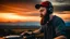 Placeholder: bearded man with cap, DJ play records, color sky background,landscape background