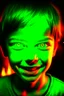 Placeholder: Face of an evil child with a demonic smile, white eyes, surrounded by flames, youthful green light, fire starter in the background