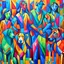 Placeholder: Cubist painting of humans and dogs standing next to each other in different colors and sizes, Cubist painting by Kees Maks, featured on dribble, informal art, cubism, picasso, art on instagram