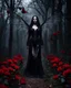 Placeholder: Facing front photography Gothic Art Style realistic Full body,creepy Vampire ghost woman long hair straddle wings bat she on walk on creepy,in dark night mystery forest,red roses flowers sorrounded background,dramatic angle, extreme angle shot, trypophobia, horror