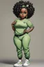 Placeholder: Create an whimsical image of a curvy chibi cartoon black female wearing a light green jogger set and black sneakers. Prominent make up with hazel eyes. Extremely highly detailed of messing curly bun