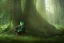 Placeholder: green robed blindfolded elf in forest hiding behind a tree, highly detailed, 8k, atmospheric lighting, trending on artstation