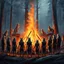 Placeholder: close up one large bonfire with its flames rising high in a clearing, around the bonfire many anthropomorphic wolves watching the flames. rain, cold deep colors, around them in the background dark trees with huge trunks, rainy day, high contrast, high detail, atmospheric, dark fantasy, sci-fi atmosphere, cinematic