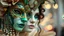 Placeholder: Beautiful faced italiwoman portrait adorned with baroque palimpsest carnival of venice style costume and masque ribbed with green obsidian, blue onix, light beige egg shell colour and Golden bioluminescense baroque palimpsest mineral stones and malachite stone masque and costume white Gloss glittering Golden and white and malachite green makeup on baroque palimpsest organic bio spinal ribbed detail. Of carnival of venice bokeh background with lights extremely detailed hyperrealistic maximálist