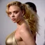 Placeholder: Scarlett Johannson, wearing a gold lame dress with spaghetti straps, standing against a dark background with stage lighting