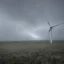 Placeholder: Thousands vertical wind turbines. Heavy cold rain. Thunderstorm. An engineer looking up. Futuristic scenary. Gray mist.