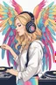 Placeholder: Photography Angel wings pretty girl with headphones playing music on a turntable, dj rave party disco club