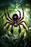 Placeholder: A solid gold Blackwidow spider, in a silky silver spider web, in a scary garden, with diamond eyes