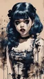 Placeholder: Poster in two gradually, a one side malevolent goth vampire girl face and other side the Singer Melanie Martinez face, full body, painting by Yoji Shinkawa, darkblue and sepia tones,