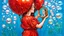 Placeholder: Bubble Wonderland, A figure is holding a mirror that reflects their hidden expression, gouache, mirrored foil, red ballon, primitive, symbolism