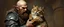 Placeholder: master oil painting by Rembrandt, fantasy orc soldier holding and petting a big ugly cat