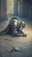 Placeholder: knight on the floor, battlefield background