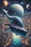 Placeholder: The city of the future is on the back of a decorated celestial whale swimming in space full of stars, planets, and the otherworldly world.