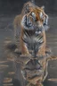 Placeholder: full body portrait, a hyper-realisitc tiger melting into a puddle of liquid, hyper-realistic natural form, full body, highly detailed melting details, emotional expression, detailed emotions, hyper detailed melting of the animal to the ground, engraved fur details, anatomically correct animal, dark colour tone, epic colour treatment, cinematic colour treatment, meticulously intricate perfectly symmetrical extremely detailed, pixiv daily ranking, pixiv, extreme depth of field, artstation, sculptu