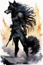 Placeholder: ink wash and watercolor full body concept illustration of an anthropomorphic, adventurous Black Wolf, underground resistance girl character with wildly flowing hair, ornately dressed with highly detailed feathers and facial features in the comic book style of Bill Sienkiewicz and Jean Giraud Moebius, with a fine art aesthetic, highly detailed , boldly inked, 4k UHD cinegraphic quality