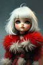 Placeholder: photorealistic impasto impressionist digital oil painting of a vintage styled cartoonish high Brats doll, white hair, fur red coat, ethereal, she has hair like Debbie harry