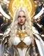 Placeholder: beautiful girl, floating golden halo above her, glowing detailed yellow eye, platinum blonde hair, long wavy hair, wearing expensive detailed white leather armor, wearing red detailed cape, war in the background