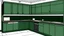 Placeholder: kitchen with dark green furniture, forest wallpaper on a white wall, on the left side next to the window there is a microwave and oven installed in the furniture, and on the right side 5 cm from the induction hob and a kitchen hood above it,