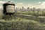 Placeholder: watertower, overgrown apocalyptic city background, comic book, fence