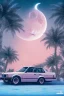 Placeholder: 1980's aesthetic vaporwave palm trees with lighting with moon with bmw in the winter snow