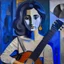 Placeholder: Detailed (fresco) of (Madonna Joan Baez) with blue guitar, by (Picasso), Blue Period, and Matisse. Her face is natural, realistic, true-to-life. ((Her hair is black)). The (rough stone texture) is showing through the paint. ((Muted colors)), [dramatic lighting]. [[Expressive brush strokes]]. [Paint texture]. Canvas texture. Art history, Google images, 4k. (Simple background), (Simplified background).