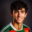 Placeholder: 85mm DSLR color photography of a very detailed headshot fitting all of head and hair in frame. 19-year-old Spanish soccer player, and with no facial hair and has no facial hair, has short and black hair with a small smile, grey background