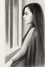 Placeholder: Pencil sketch of Young woman look through the window , Arab features,sad, long wavy hair, full body، on lined paper