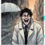 Placeholder: a closeup of a psychopathic young man with white eyes in a heavy coat during a rainstorm laughing cartoon