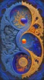 Placeholder: yin-Yang symbol, hyper detailed, photorealistic, hyper detailed, hyper defined, orange, azul, purple, yellow, DMT art