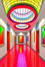 Placeholder: 3 D-shot A hall for displaying art paintings. The walls are oval-shaped, and there is an oval wall in the middle of the hall, to divide the hall into two parts, and the paintings are hung on the walls, and the walls are made of glass.