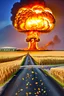 Placeholder: top right corner is a nuclear explosion cloud, top of explosion looks like a autumn tree full of leaves, add leaves falling everywhere in foreground, bottom 2/3 is a road through a wheat field, a wind is blowing away from the tree. a commercial building is on the middle left