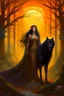 Placeholder: In the heart of a dense and enigmatic forest with towering ancient trees cloaked in amber foliage stood a bewitching sorceress possessing an ethereal allure her lustrous hair cascading in ebony waves down to her slender waist that turns into roots In the background a faithful companion a majestic canine of Belgian shepherd lineage roamed at her side its eyes illuminated by an otherworldly crimson glow exuding an aura both mysterious and demonic