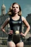 Placeholder: retro portrait image from 1960, city background, wind, long hair, fighting stance, young Scarlett Johansson, classic black tight lycra suit, metal stick weapon, gold bracelet and belt, high heel boots, soft color, highly detailed, unreal engine 5, ray tracing, RTX, lumen lighting, ultra detail, volumetric lighting, 3d, finely drawn, high definition, high resolution.