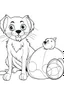 Placeholder: a dog with a ball on it's mouth with a cat beside it. kids coloring book. no color. thin crisp lines