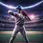 Placeholder: View of a muscular alien baseball pitcher throwing a pitch, futuristic major league baseball field night game bright astral cosmic background, dramatic kinetic pose, intricate detail, photorealism, by Charles M. Conlon, canon HD 4D lens, cinematic perfection.