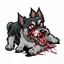 Placeholder: left facing head of angry Terrier dog with blood shot eyes and bloodied teeth, a ball chain collar around neck, a chain leash attached to collar, vector