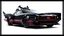 Placeholder: batmobile concept inspired from a 2025 ford mustang dark horse with a large elaborate spoiler and batman symbol style fins, batman symbol in grille, lower wind deflector. red stripes like 1960s adam west batmobile