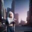 Placeholder: A wide-angle shot of a young, white-haired attractive woman standing on a sidewalk in a cyberpunk city, looking at the camera. High-resolution