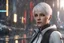 Placeholder: Carla in white short hair in 8k anime cgi artstyle, Detroit become human them, normal eyes, close picture, rain, apocalypse, intricate details, highly detailed, high details, detailed portrait, masterpiece,ultra detailed, ultra quality