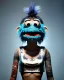 Placeholder: hybrid character, waitress sexy woman with monster muppet mask that covers her entire head, silver punk, short shirt, tray, old school tattoo, retro style, Sesame Street style, hot, smooth, unreal engine 5, god lights, ray tracing, RTX, lumen lighting, ultra detail, volumetric lighting, 3d.