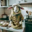 Placeholder: A sheepFunny and cute in the shape of a sheep, wearing a cooking outfit that looks the same color as its skin, in the kitchen, cooking